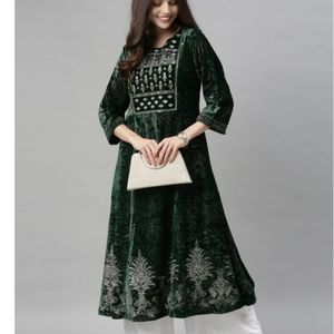 Green Zari Velvet Flared Kurta